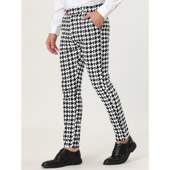 Houndstooth Printed Color Block Flat Front Slim Fit Dress Pants Black White - Picture 2 of 6